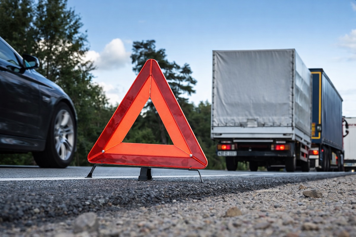 Route avec panneau de signalisation et camions routier et voiture